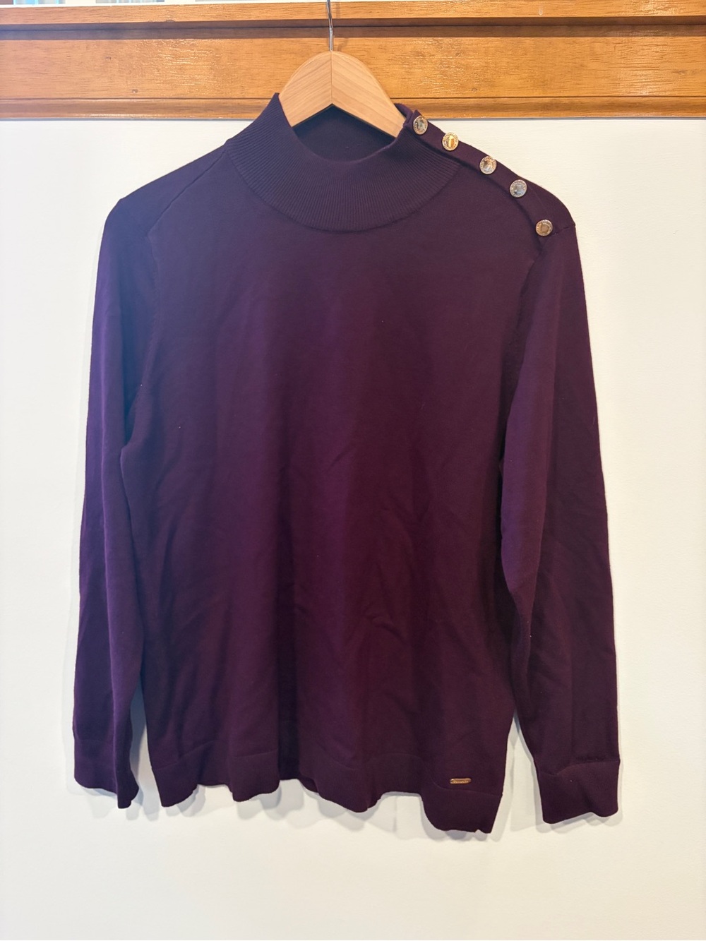 Calvin Klein Mock Neck Sweater in Deep Wine with Gold Shoulder Button Detail